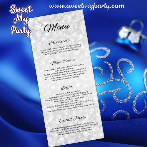 Winter Wedding Menu tea length,Silver Snowflakes Wedding Menu card tea length,(5)